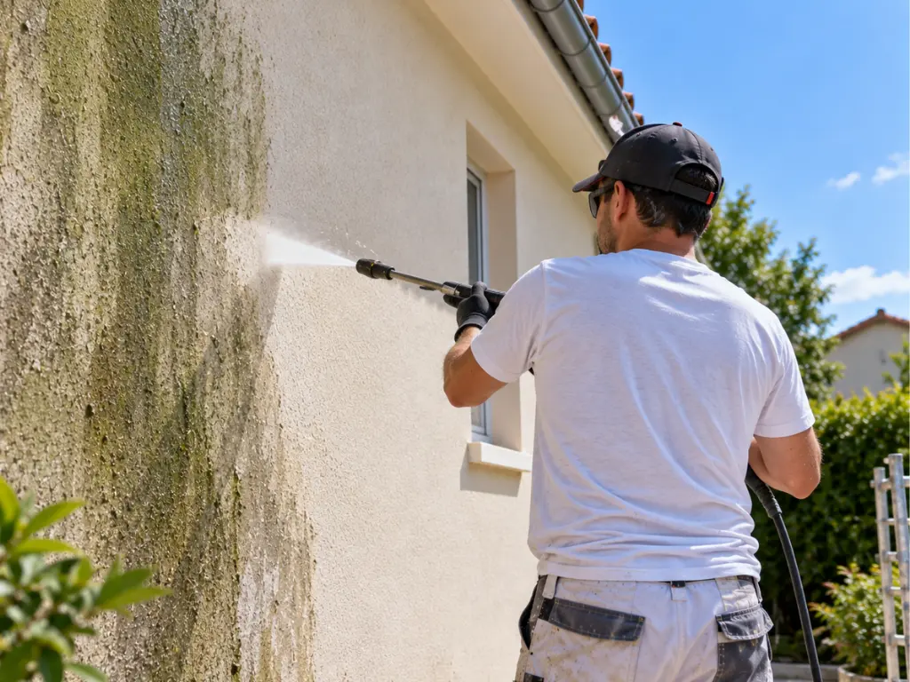 Façadier démoussant une façade au nettoyeur haute pression, démoussage de façade