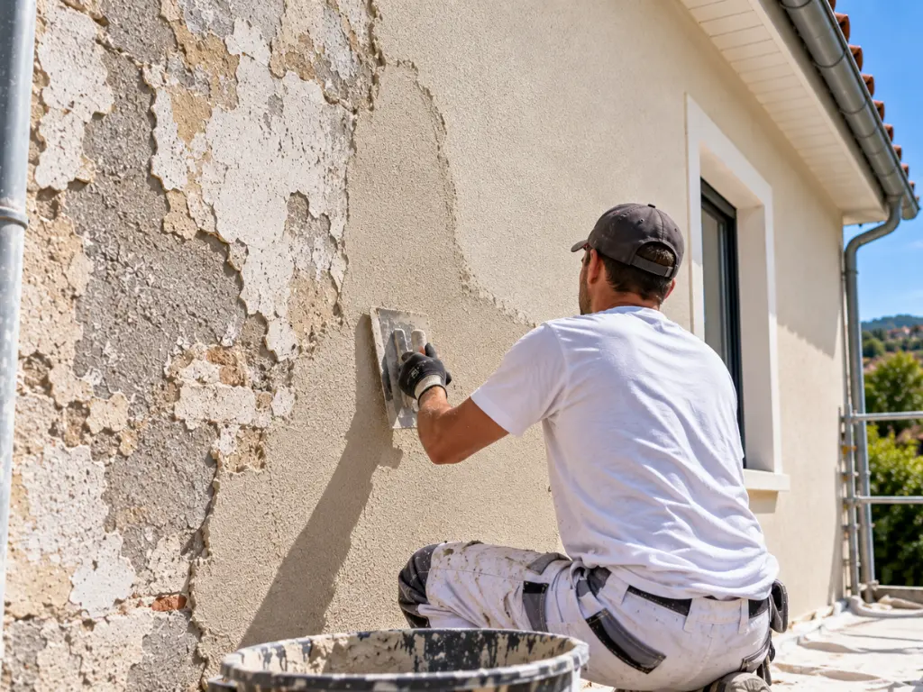 Façadier appliquant un enduit neuf sur une façade décapée, enduit de façade