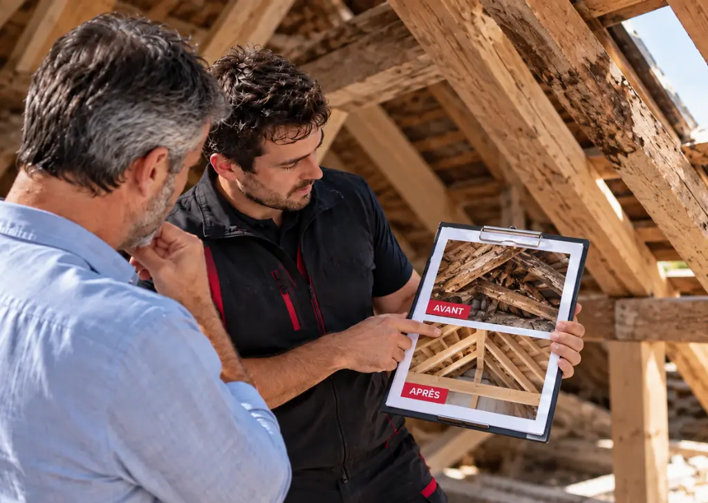 Artisan KS Habitat montrant des photos avant et après de charpente à un propriétaire