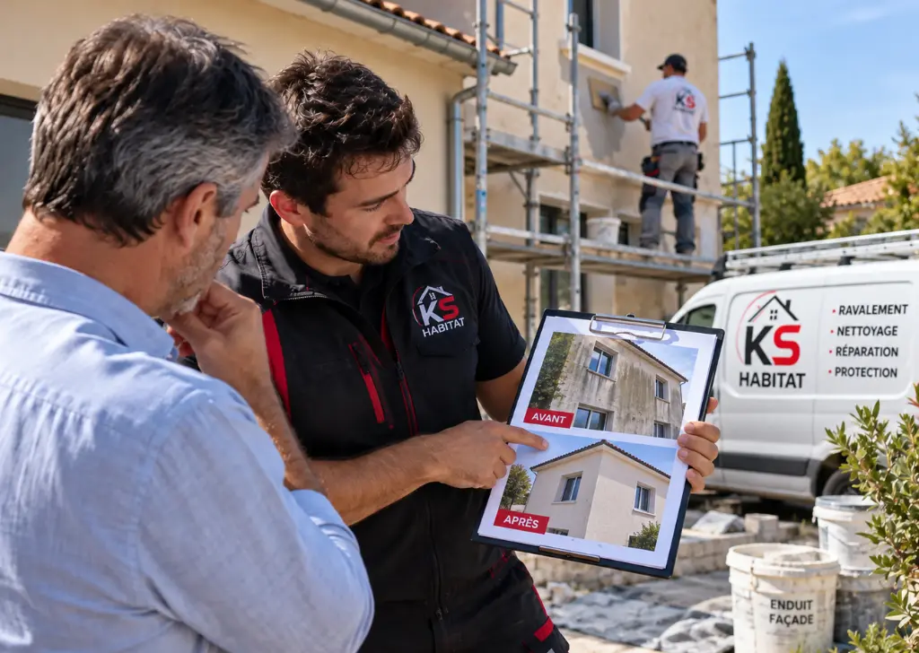 Artisan KS Habitat présentant un avant/après de façade à un propriétaire