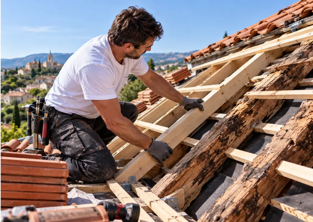 Charpentier remplaçant des chevrons et liteaux abîmés sur une toiture
