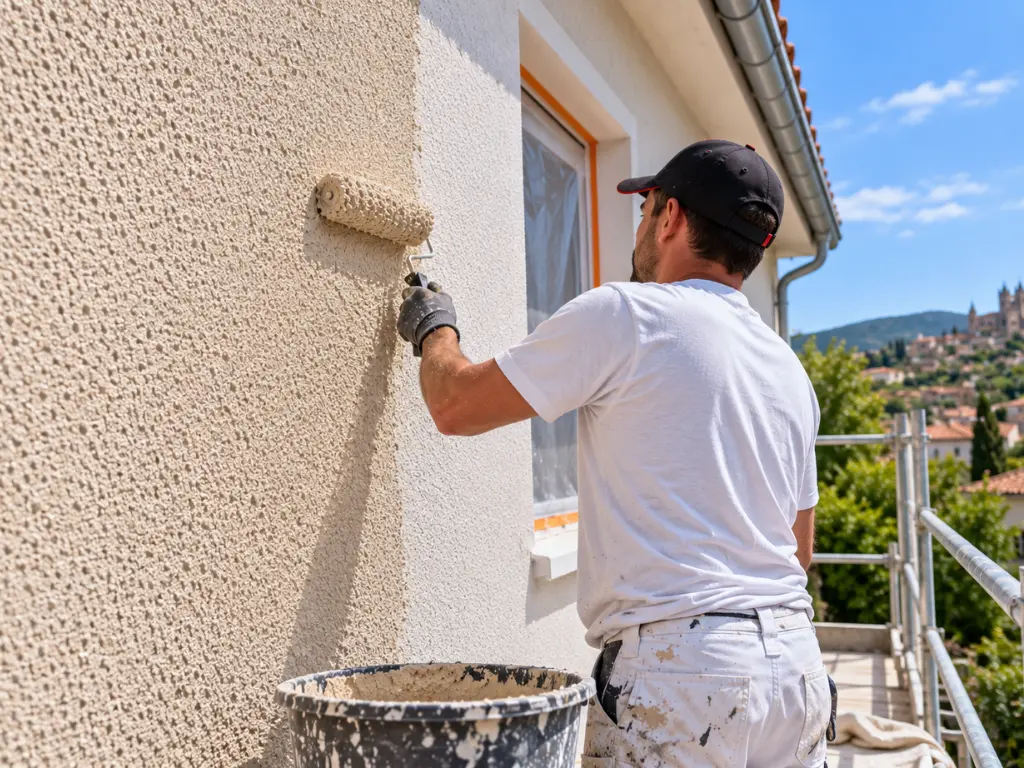 Façadier appliquant un revêtement épais au rouleau sur une façade, revêtement RPE
