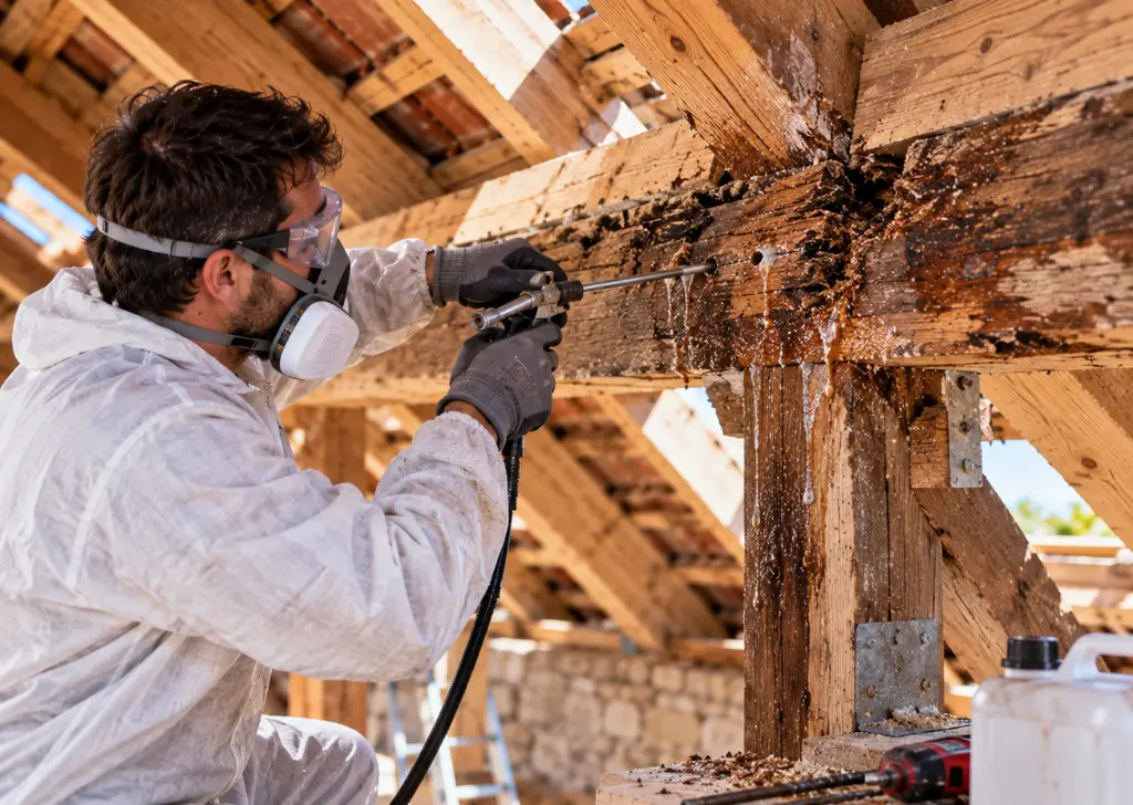 Artisan pulvérisant un traitement curatif sur une poutre de charpente infestée