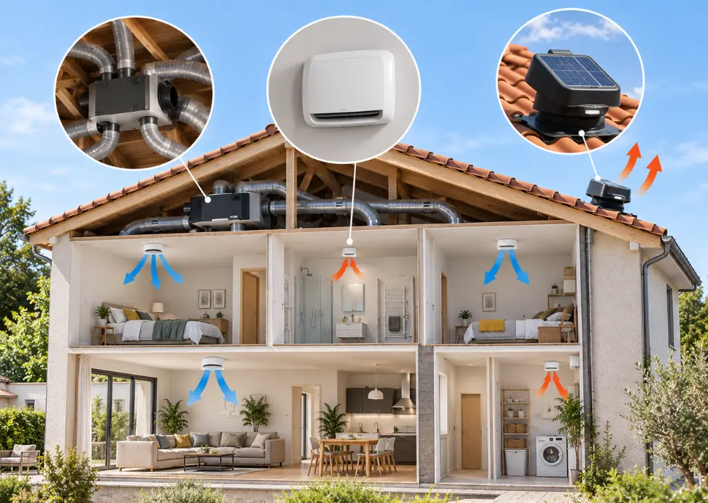 Schéma d'une maison équipée d'une VMC, d'une VMI et d'un extracteur d'air solaire