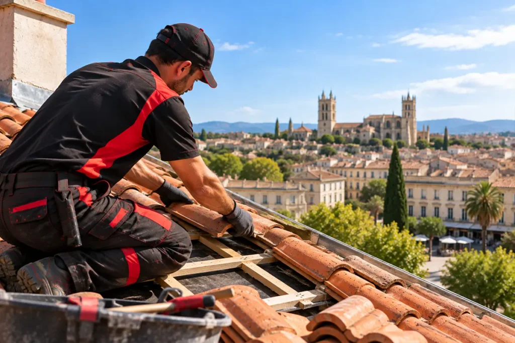 Couvreur remplaçant des tuiles canal sur une toiture, couvreur