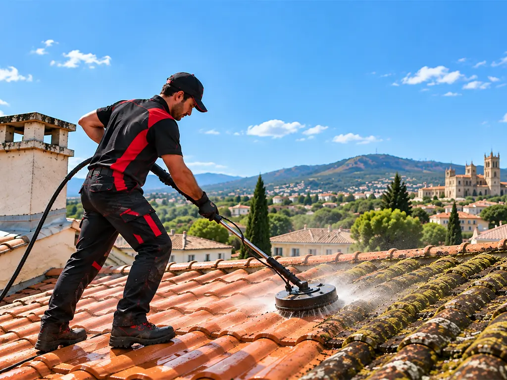 Couvreur démoussant une toiture en tuiles avec une brosse rotative, démoussage de toiture