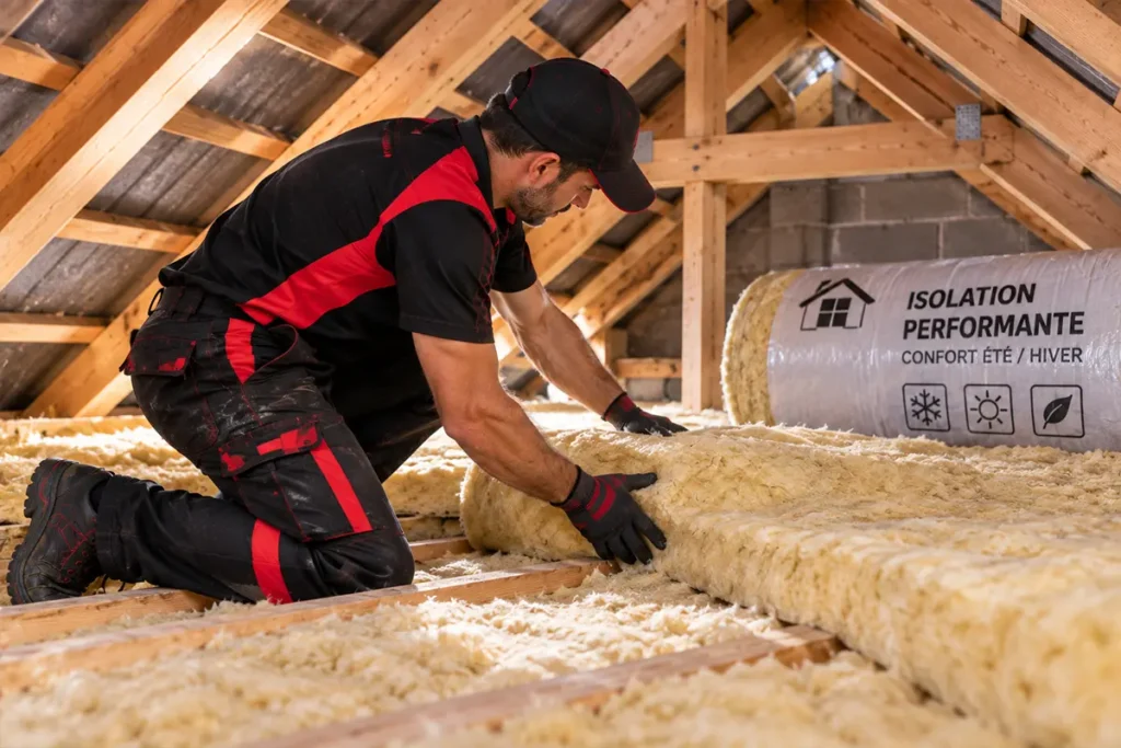 Artisan déroulant de la laine de verre dans des combles, isolation des combles