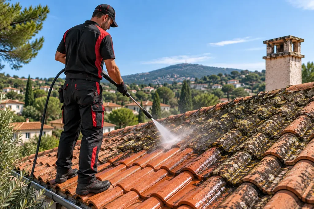Couvreur nettoyant une toiture en tuiles couverte de mousse au nettoyeur haute pression