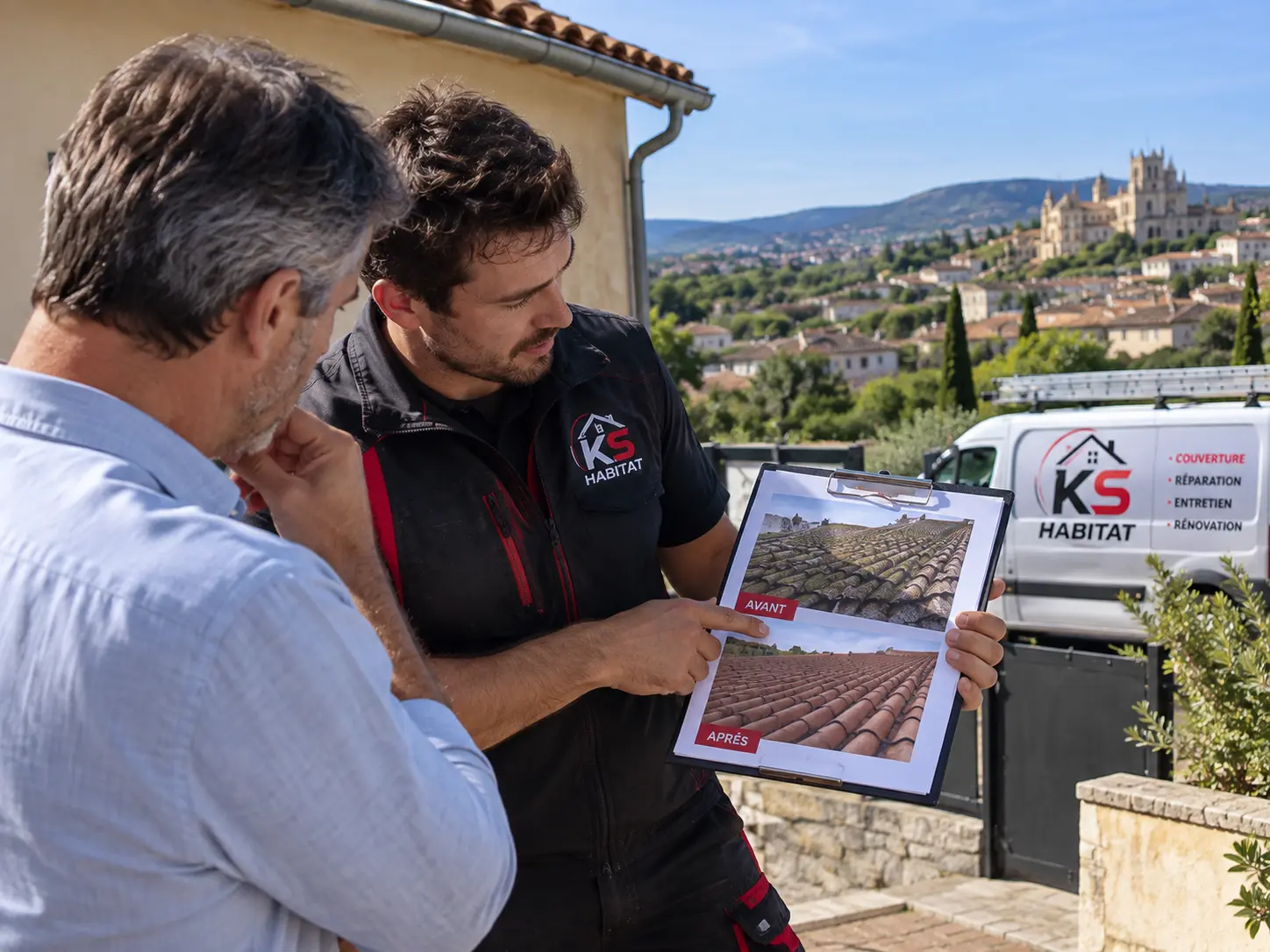 Artisan KS Habitat présentant un avant/après de toiture à un propriétaire