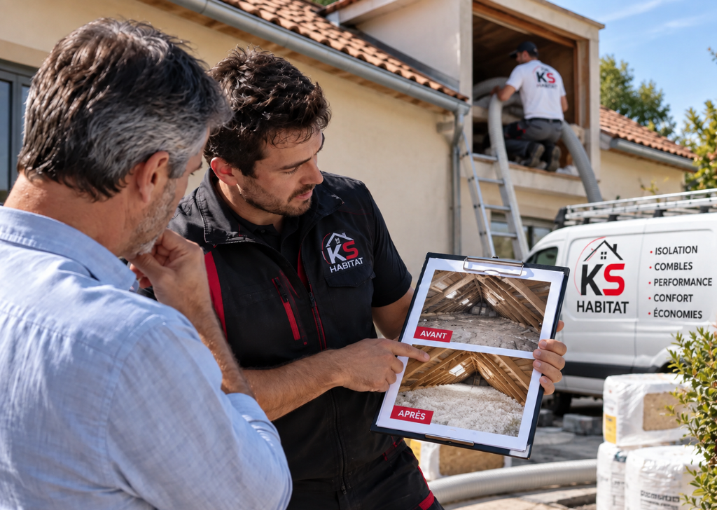Artisan KS Habitat présentant un avant/après d'isolation des combles à un propriétaire