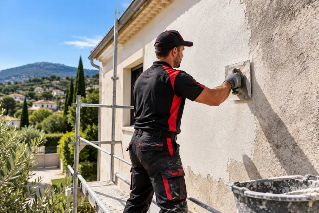 Façadier lissant l'enduit d'une façade depuis un échafaudage, ravalement de façade