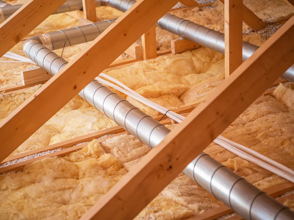 Gaines de ventilation posées sur l'isolant dans des combles, ventilation de l'habitat