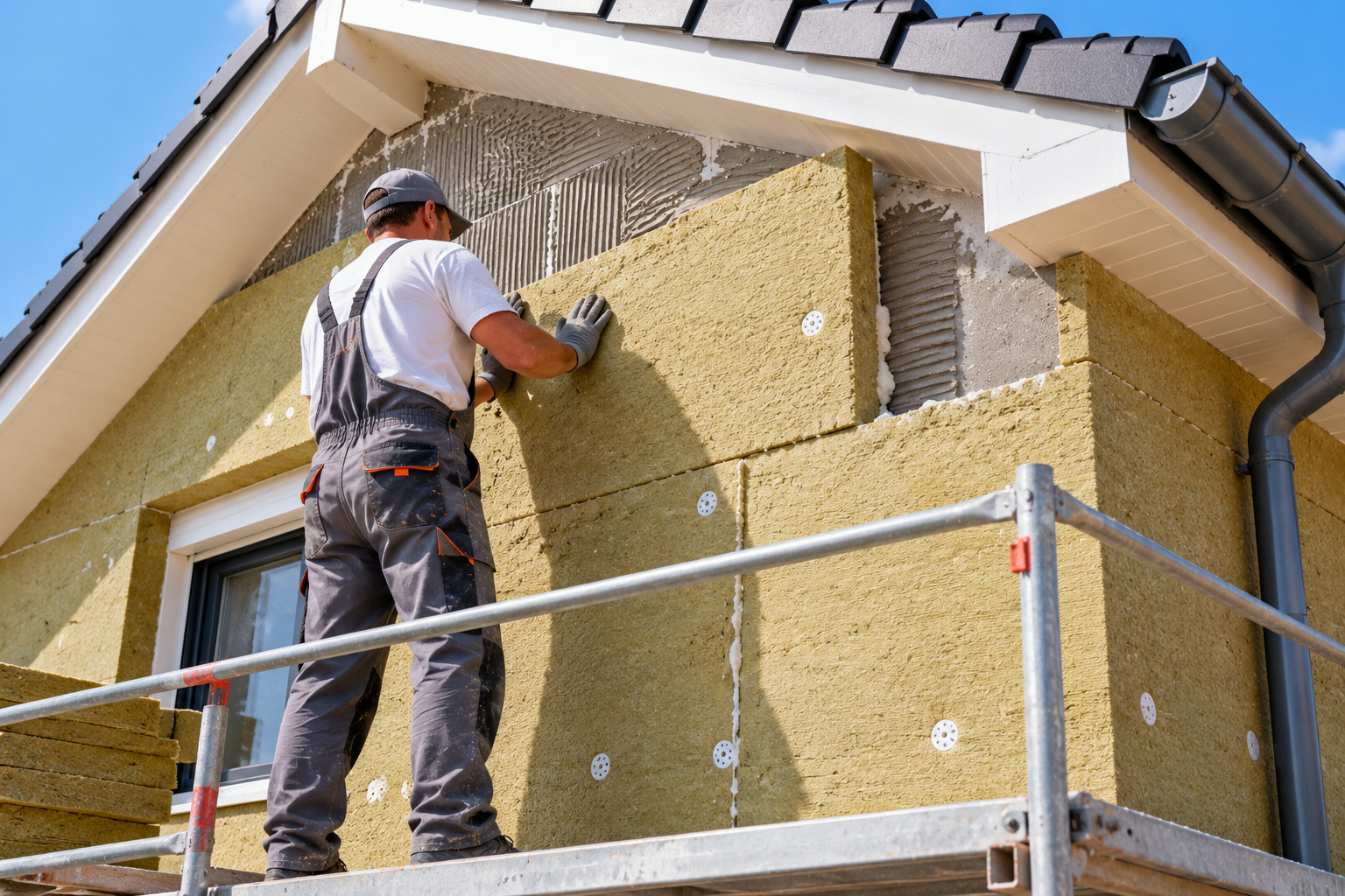 Artisan posant des panneaux isolants sur une façade, isolation thermique par l'extérieur