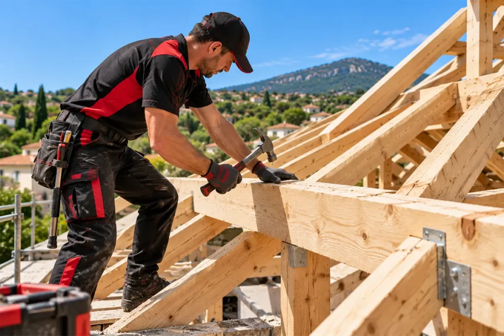 Charpentier assemblant une charpente en bois neuve, travaux de charpente