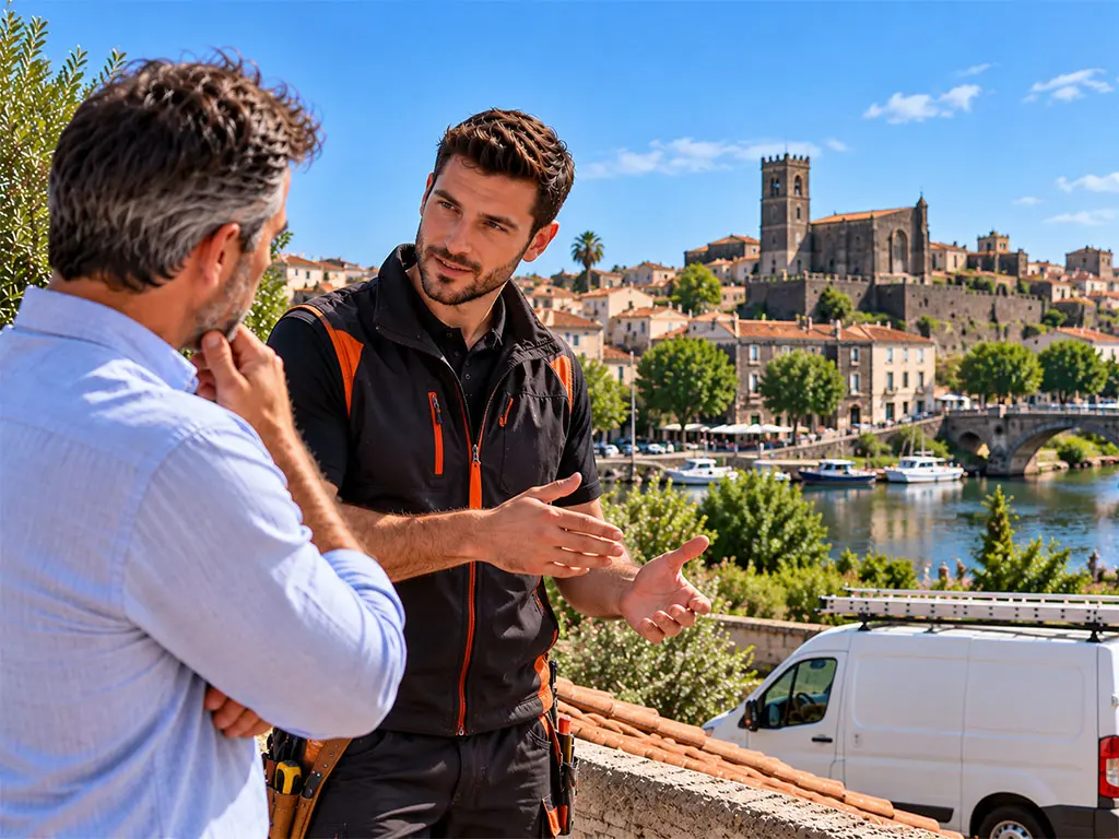 Artisan couvreur discutant d'un projet de travaux avec un propriétaire en extérieur