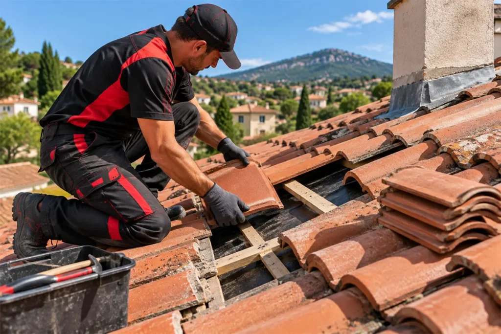 Couvreur remplaçant des tuiles sur une toiture, réparation de toiture