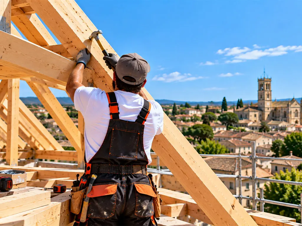 Charpentier assemblant une charpente en bois neuve, travaux de charpente